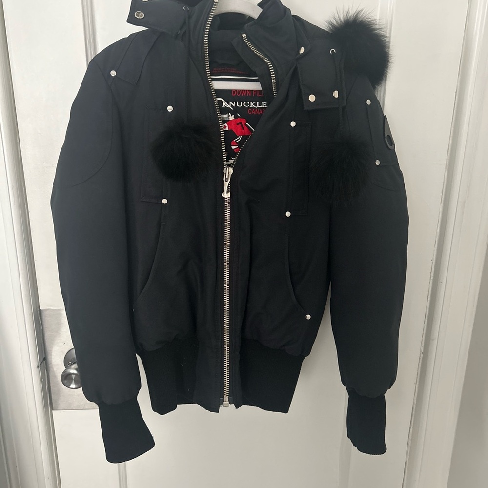 Moose Knuckles Black Bomber Jacket with Fur-Trimmed Hood navy and black